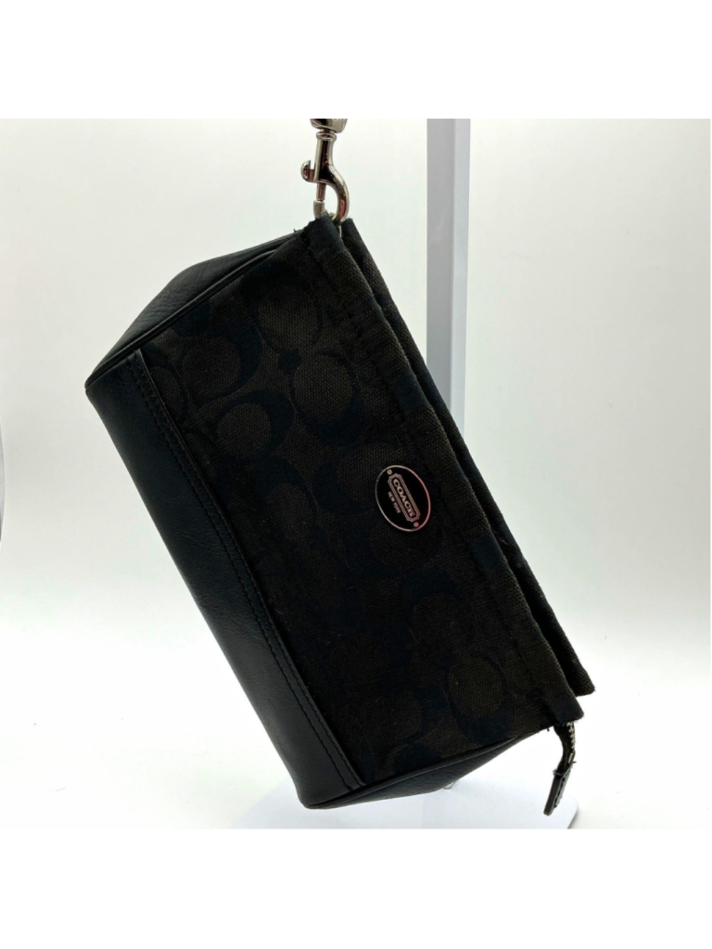 Coach Signature Black Monogram Canvas Leather Wristlet Zip Pouch/Clutch Large